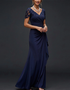 Navy V-Neck Lace Cap Sleeve Ruched Chiffon Mermaid Maxi Dress
