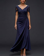 Navy V-Neck Lace Cap Sleeve Ruched Chiffon Mermaid Maxi Dress