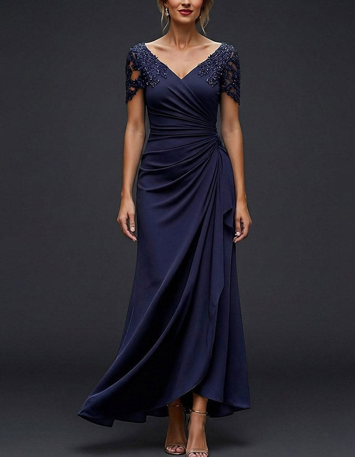 Navy V-Neck Lace Cap Sleeve Ruched Chiffon Mermaid Maxi Dress