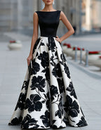 Black Satin Print Maxi Dress