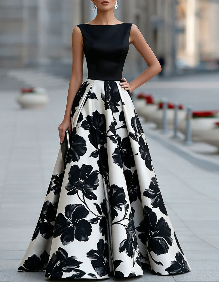 Black Satin Print Maxi Dress