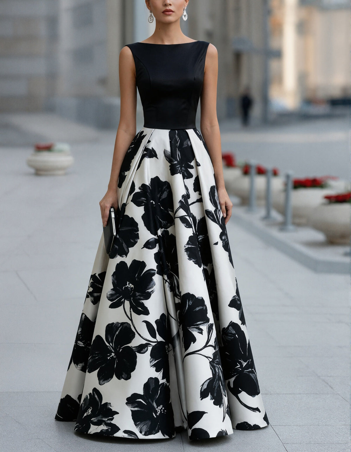 Black Satin Print Maxi Dress