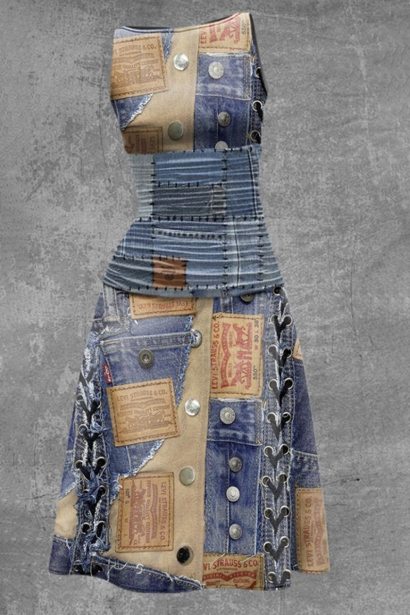 Women's Casual Vintage Faux Denim Print Sleeveless Waist-Drawn Mid-Length Dress