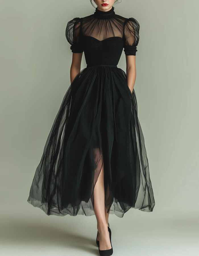 High-necked Tulle Midi Dress
