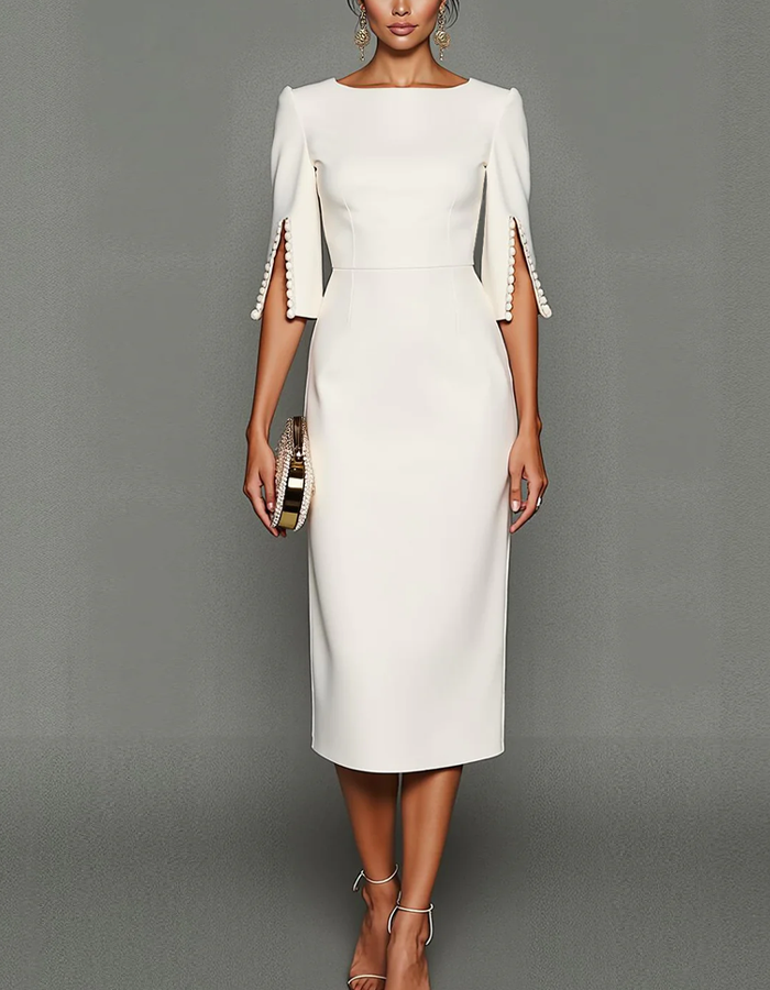Boat Neck Three-quarter Sleeve Midi Dress