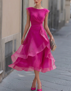 Multi-colored Boat-neck Organza Midi Dress