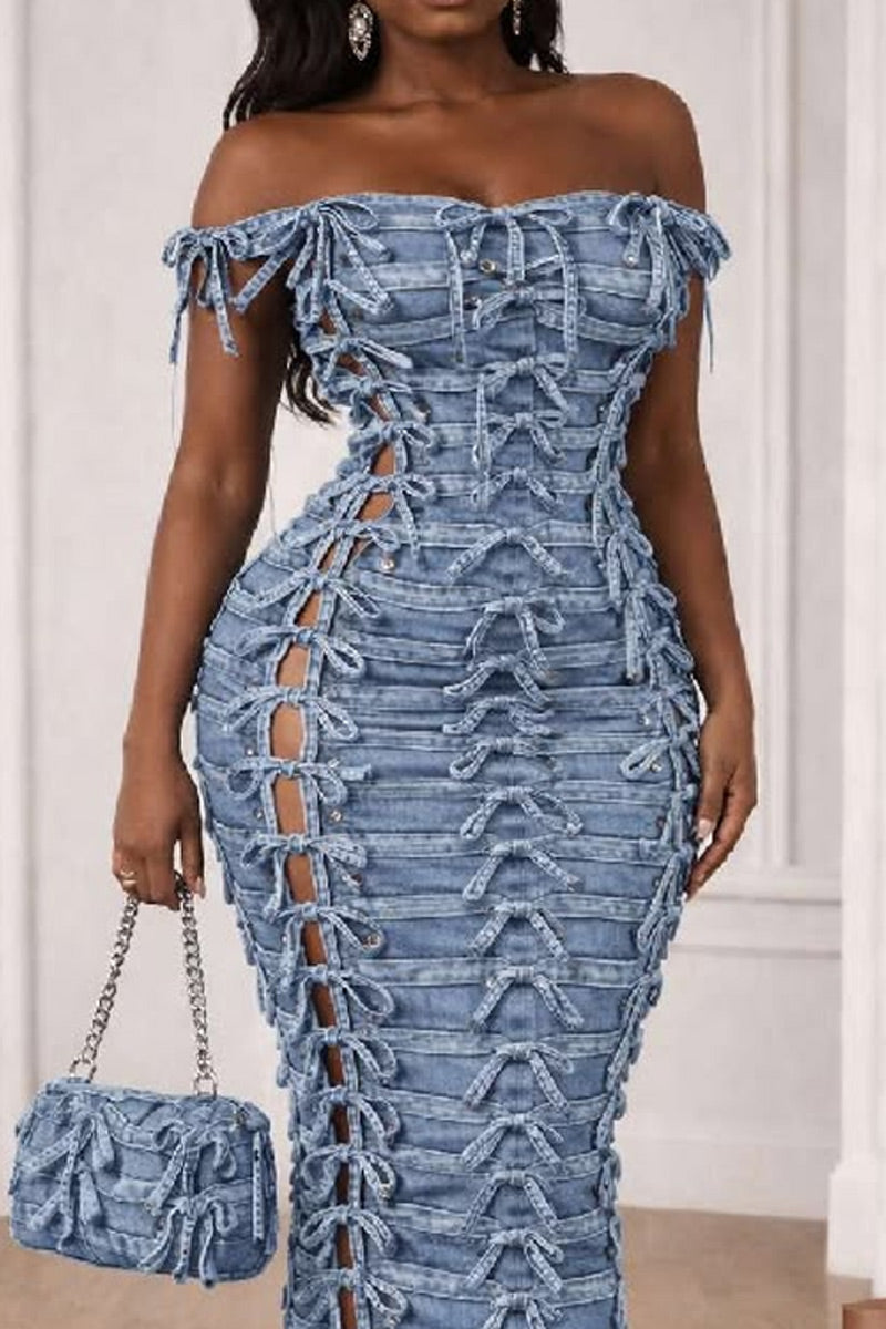 Women's Off Shoulder All Over Tie Cut Out Denim Midi Bodycon Dress
