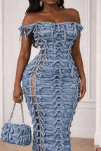 Women's Off Shoulder All Over Tie Cut Out Denim Midi Bodycon Dress