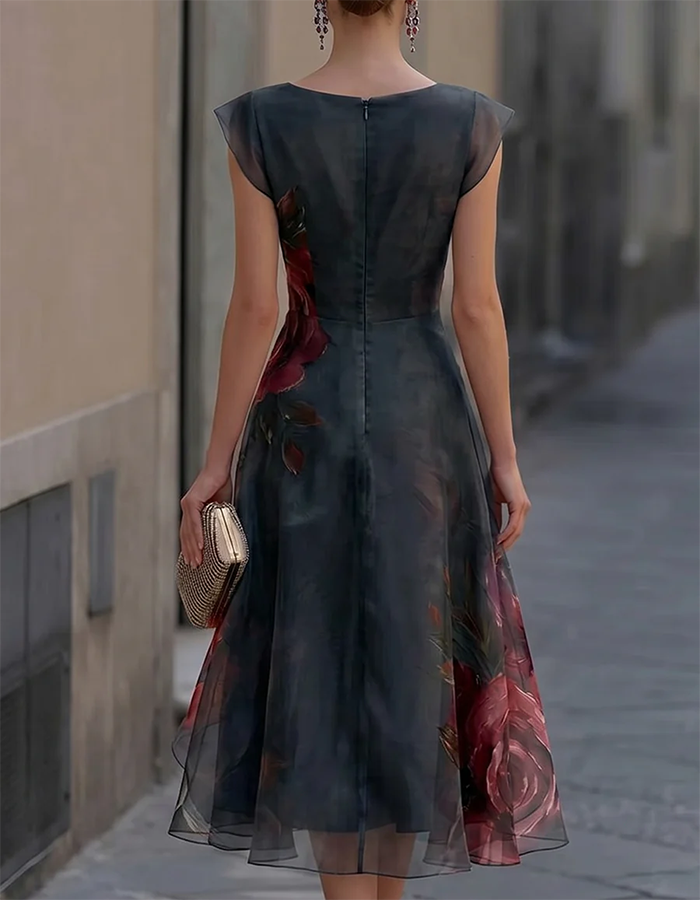 Black Watercolor Red Rose Print Round Neck Chiffon Midi Dress