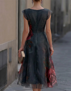 Black Watercolor Red Rose Print Round Neck Chiffon Midi Dress