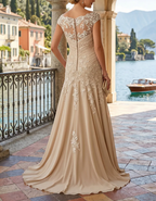 Off-the-Shoulder Lace Applique Ruched Chiffon Mermaid Maxi Dress