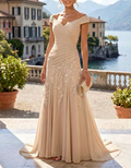 Off-the-Shoulder Lace Applique Ruched Chiffon Mermaid Maxi Dress