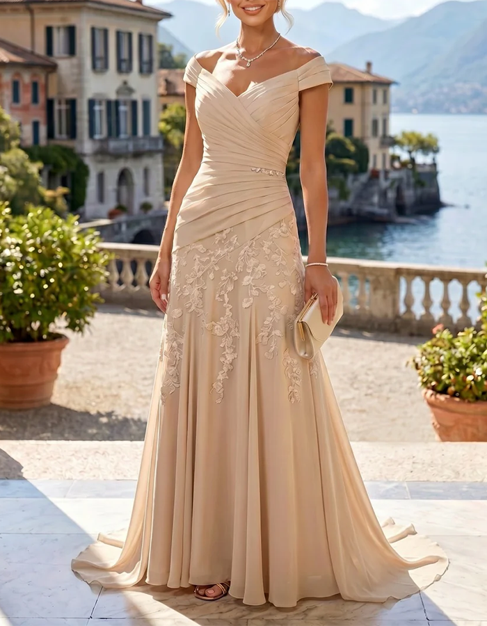 Off-the-Shoulder Lace Applique Ruched Chiffon Mermaid Maxi Dress