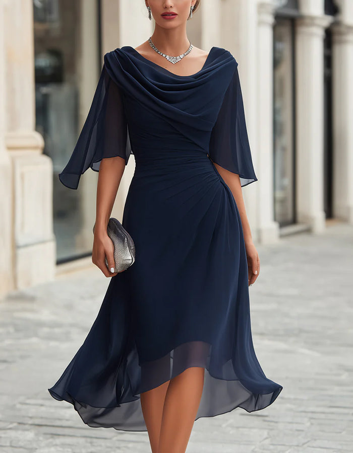 Navy Blue Chiffon Draped Ruffle Three Quarter Sleeves Maxi Dress