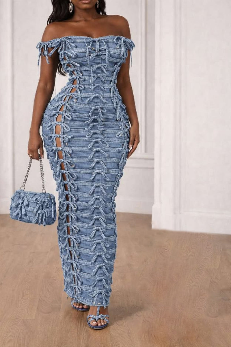 Women's Off Shoulder All Over Tie Cut Out Denim Midi Bodycon Dress