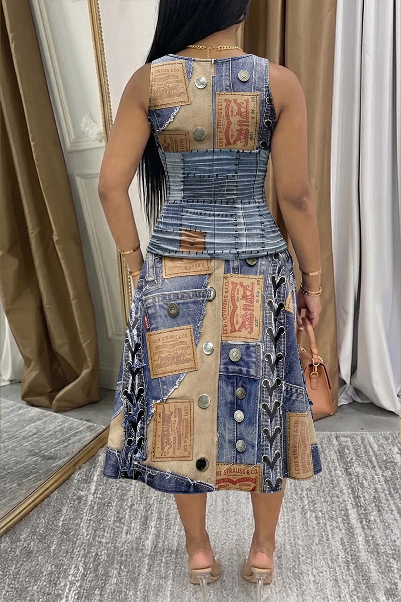 Women's Casual Vintage Faux Denim Print Sleeveless Waist-Drawn Mid-Length Dress