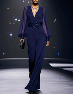 V-Neck Sheer Chiffon Bubble Sleeve Wide Leg Formal Jumpsuit