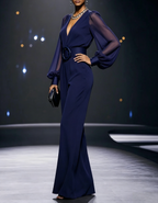 V-Neck Sheer Chiffon Bubble Sleeve Wide Leg Formal Jumpsuit