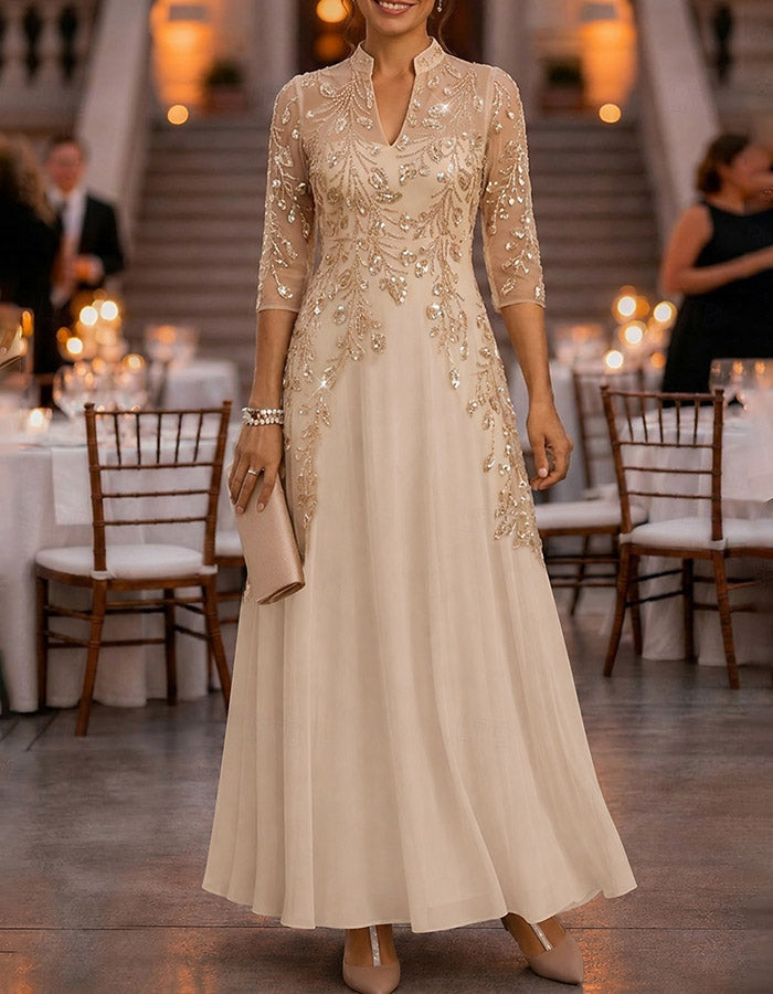 Champagne 3/4 Sleeve Gold Sequin Floral Mesh Chiffon Maxi Dress