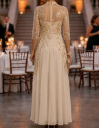 Champagne 3/4 Sleeve Gold Sequin Floral Mesh Chiffon Maxi Dress
