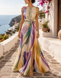 Colorful Brushstroke Print Round Neck Chiffon Maxi Dress