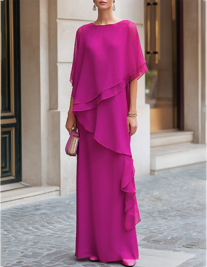 Fuchsia Round Neck Side Ruffle Flowy Chiffon A-Line Maxi Dress