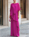 Fuchsia Round Neck Side Ruffle Flowy Chiffon A-Line Maxi Dress