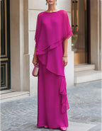 Fuchsia Round Neck Side Ruffle Flowy Chiffon A-Line Maxi Dress