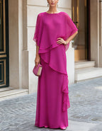 Fuchsia Round Neck Side Ruffle Flowy Chiffon A-Line Maxi Dress
