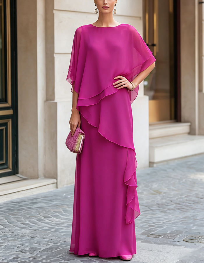 Fuchsia Round Neck Side Ruffle Flowy Chiffon A-Line Maxi Dress
