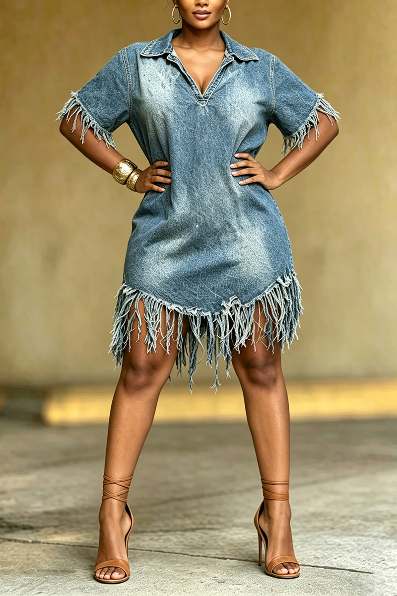 Women's Casual Fringe Washed Hem Loose Denim Dress
