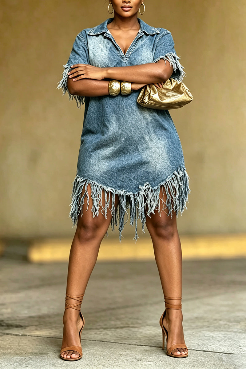 Women's Casual Fringe Washed Hem Loose Denim Dress