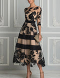 Black Floral Lace 3/4 Sleeve Band Nude Lining A-Line Midi Dress