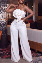Women's Elegant Flower Applique Strapless Top Pants Two-Piece Set