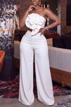 Women's Elegant Flower Applique Strapless Top Pants Two-Piece Set
