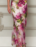 Rose Pink Chiffon Floral Print Off-Shoulder Fishtail Maxi Dress