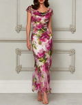 Rose Pink Chiffon Floral Print Off-Shoulder Fishtail Maxi Dress