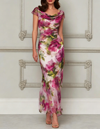 Rose Pink Chiffon Floral Print Off-Shoulder Fishtail Maxi Dress