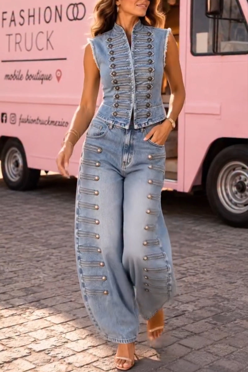 Women's Casual Slim Button Decoration Denim Vest or Jeans
