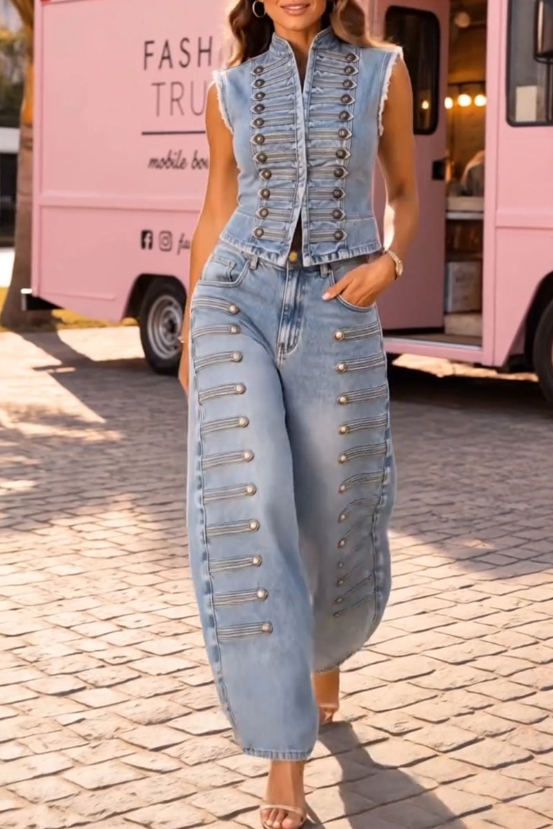 Women's Casual Slim Button Decoration Denim Vest or Jeans