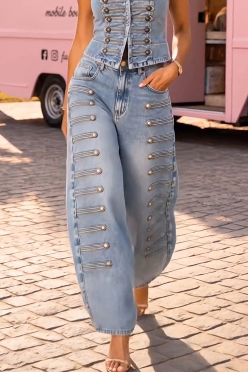 Women's Casual Slim Button Decoration Denim Vest or Jeans