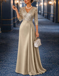 Sequined V-Neck Three Quarter Sleeve Satin Maxi Dress