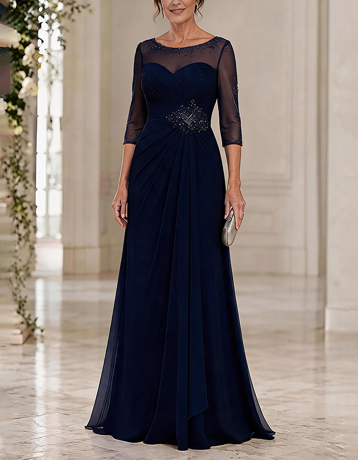 Dusty Blue Illusion Round Neck 3/4 Sleeve Cross Ruched Chiffon Maxi Dress