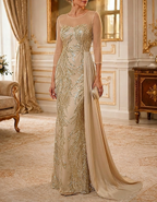 Round Neck Mesh Sequin Embroidery Chiffon Maxi Dress