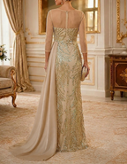 Round Neck Mesh Sequin Embroidery Chiffon Maxi Dress