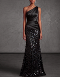 One-shoulder Draped Satin Sequined Maxi Dress