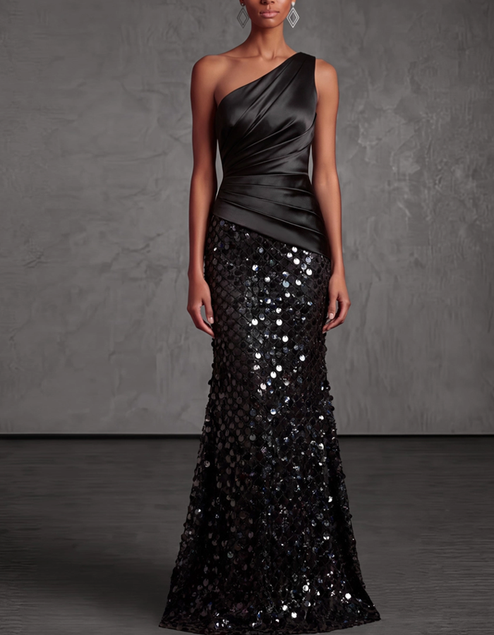 One-shoulder Draped Satin Sequined Maxi Dress