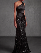 One-shoulder Draped Satin Sequined Maxi Dress