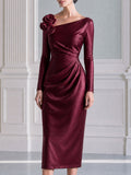 Asymmetric Neck 3D Floral Ruched Long Sleeve Midi Dress