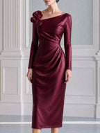 Asymmetric Neck 3D Floral Ruched Long Sleeve Midi Dress